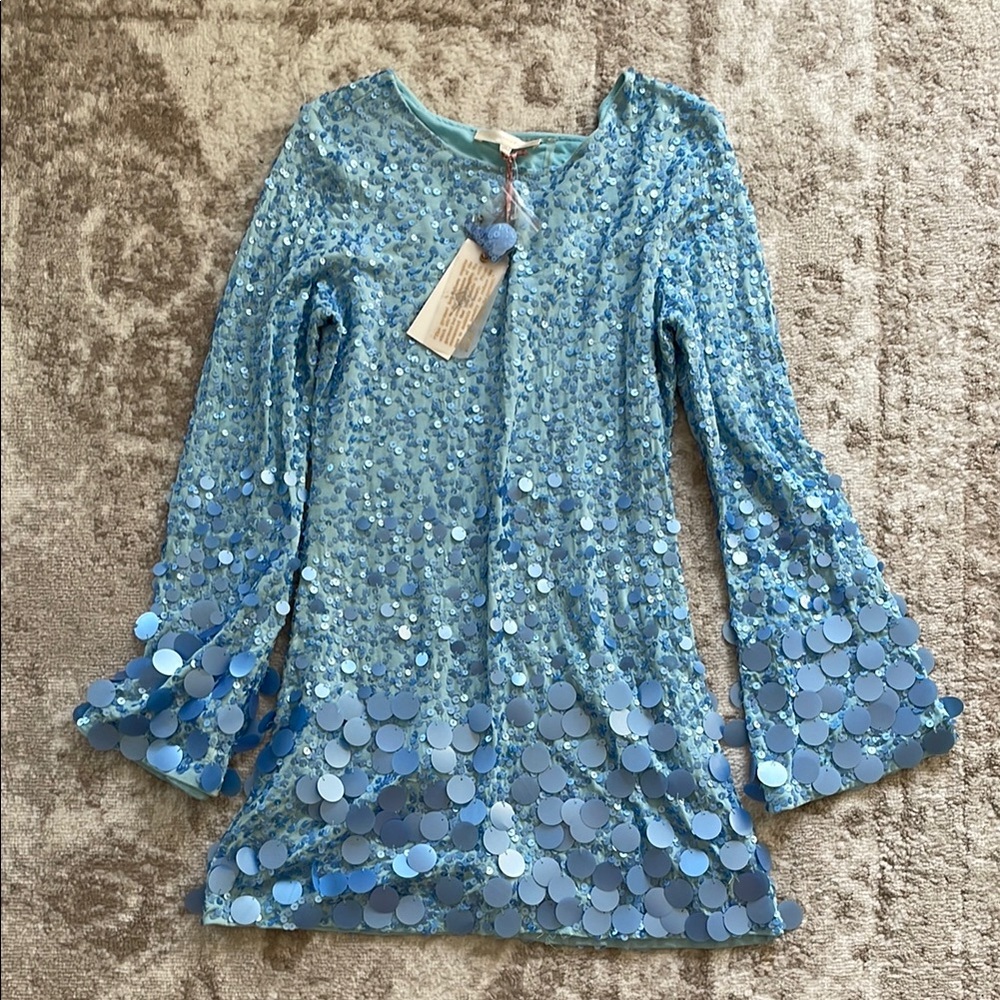 LoveShackFancy Blue Sequin Long Sleeve Dress